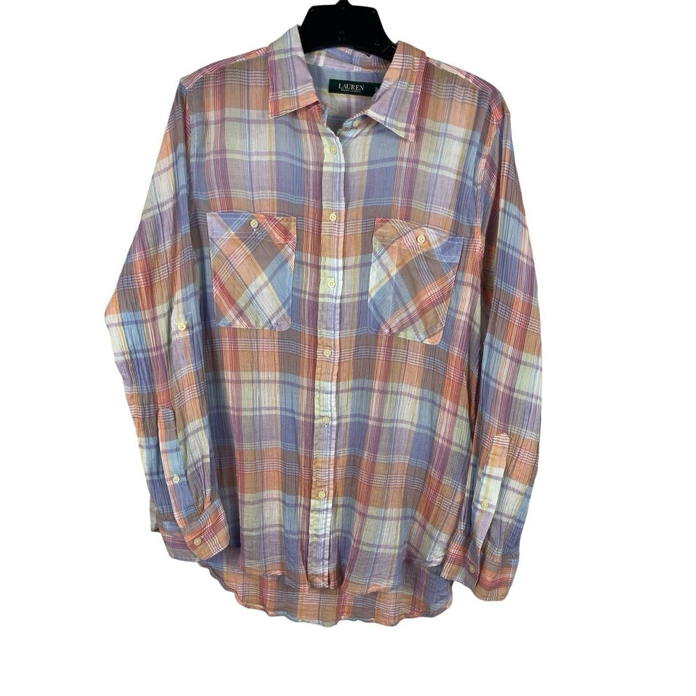 Lauren Ralph Lauren XL Pastel Plaid Crinkle Gauze Button Up Top Roll Tab Sleeve